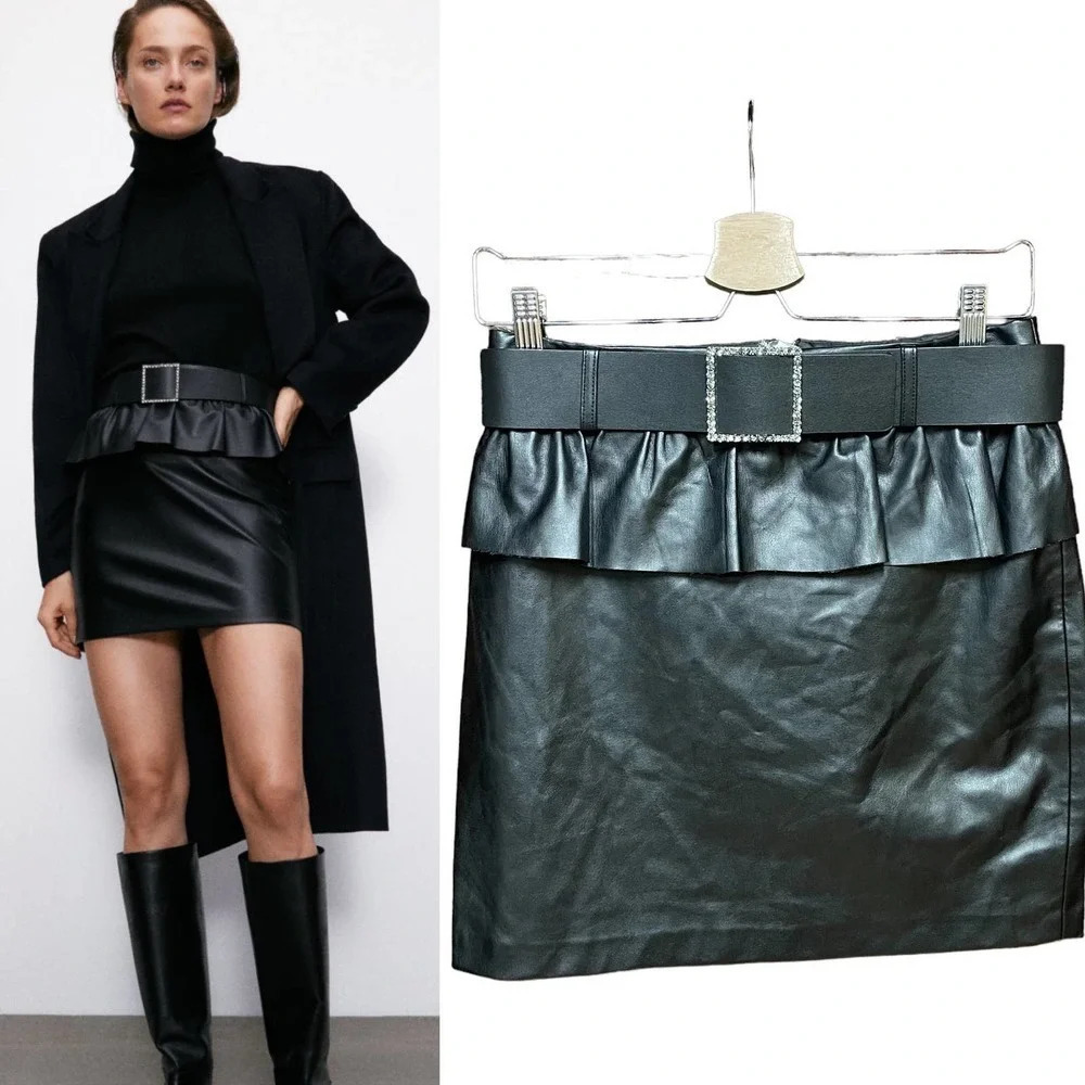 Zara Belted Faux Leather Mini Skirt Black Size Small